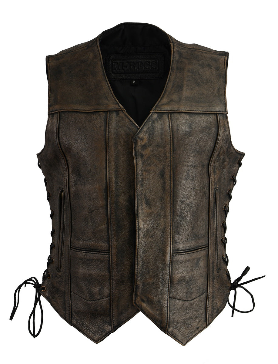 M Boss Motorcycle Apparel BOS24500 Women's Distressed Brown Leather 6 Pocket Motorcycle Biker Rider Vest