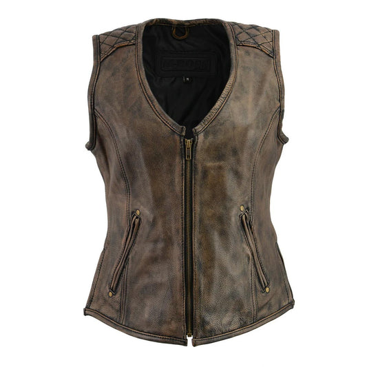 M Boss Motorcycle Apparel BOS24501 Women's Black and Beige Leather Plain Side Motorcycle Biker Rider Vest