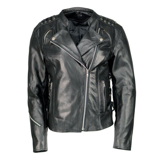 M Boss Motorcycle Apparel BOS22503 Women's Black Armored Motorcycle Leather Jacket with Back Lacing Detail