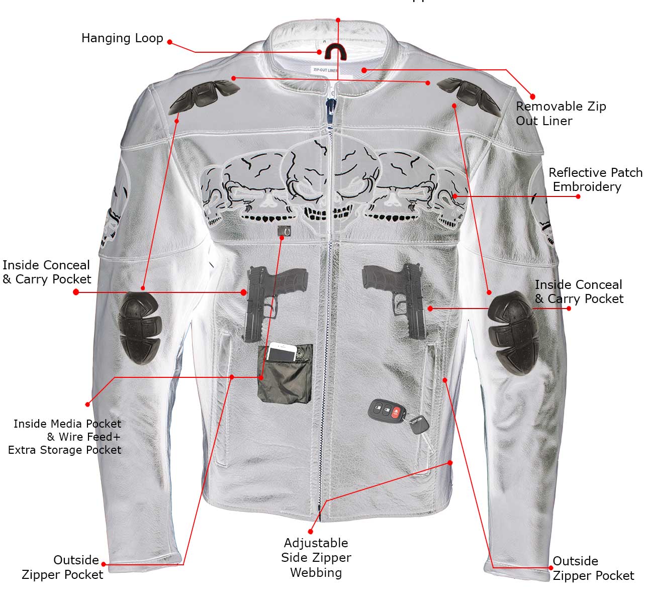 Milwaukee Leather LKM17011 Men's 3 Skull Head Premium Black Leather Motorcycle Jacket with CE Armor