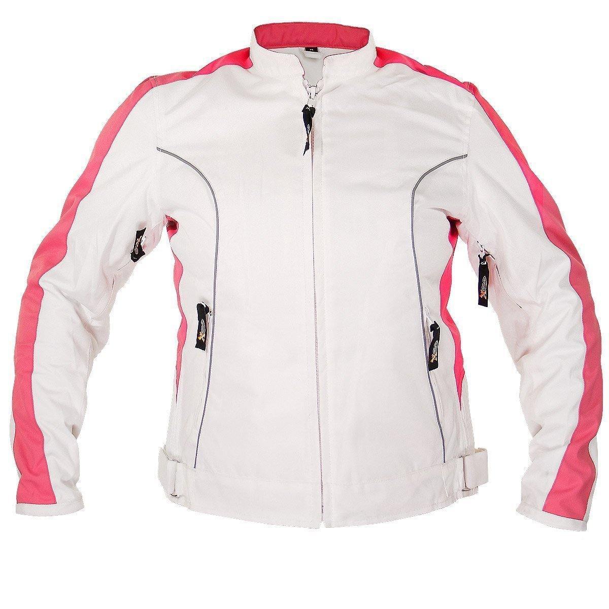 Xelement BXU358924 Women's 'Tribal Heart' Tri-Tex White and Pink Motorcycle Jacket with X-Armor