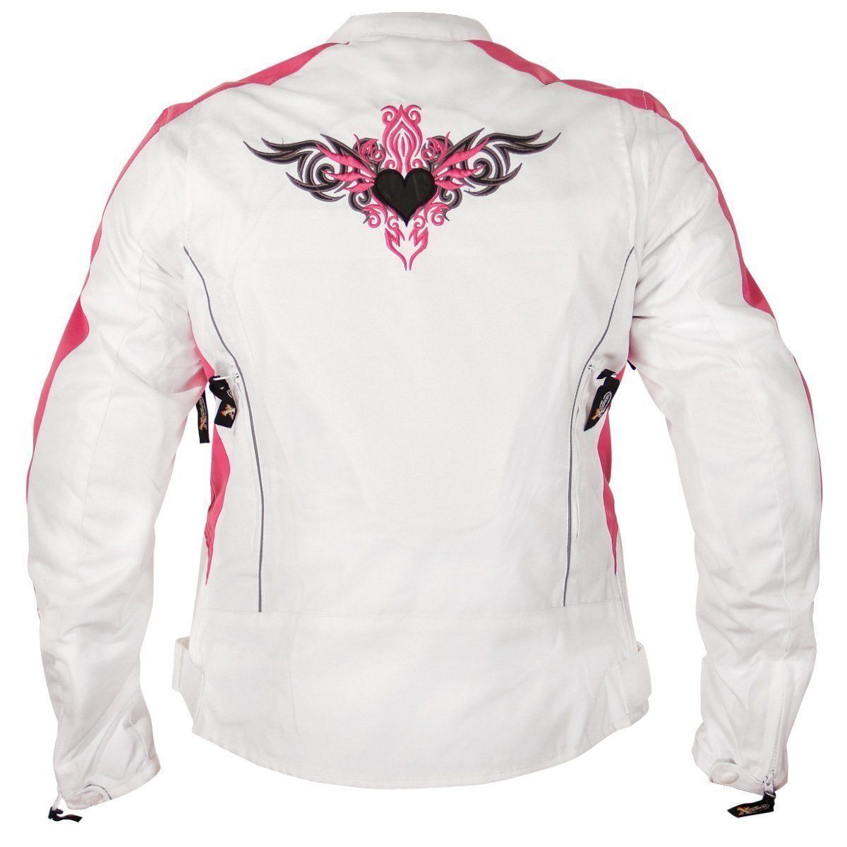 Xelement BXU358924 Women's 'Tribal Heart' Tri-Tex White and Pink Motorcycle Jacket with X-Armor