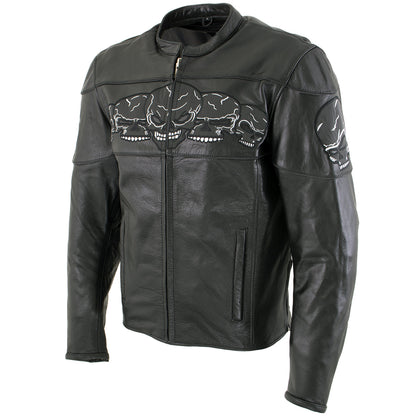 Xelement BXU6050 Men's '3 Skull Head' Black Leather Motorcycle Jacket with X-Armor Protection