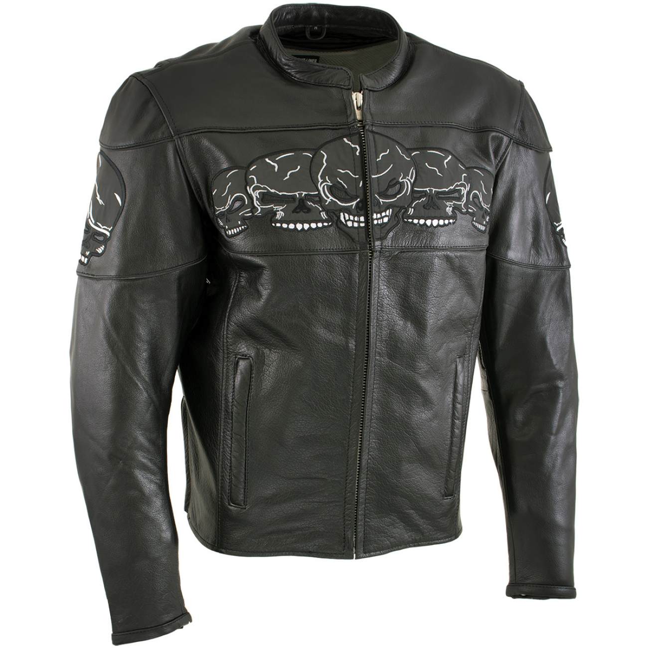 Milwaukee Leather LKM17011 Men's 3 Skull Head Premium Black Leather Motorcycle Jacket with CE Armor