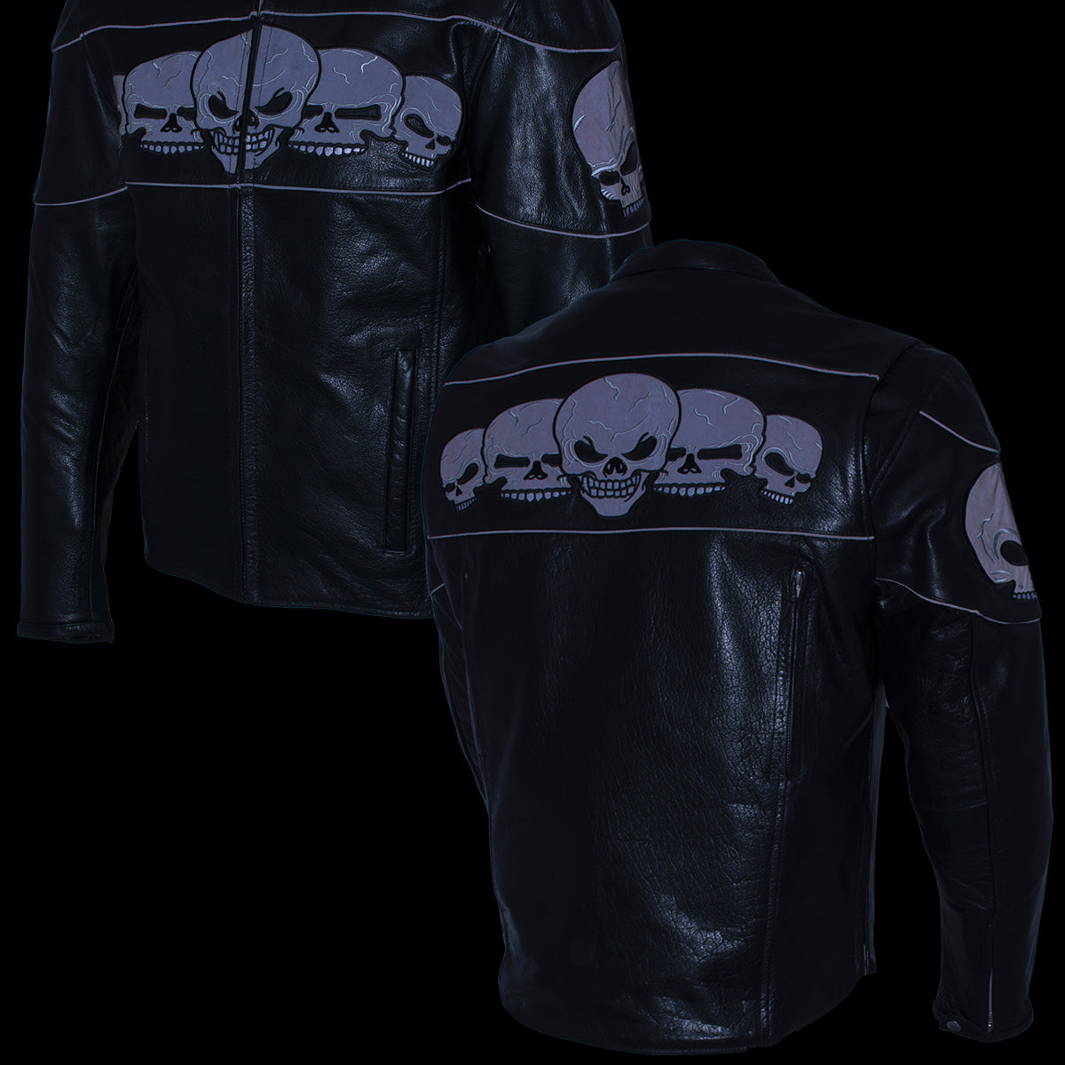 Milwaukee Leather LKM17011 Men's 3 Skull Head Premium Black Leather Motorcycle Jacket with CE Armor