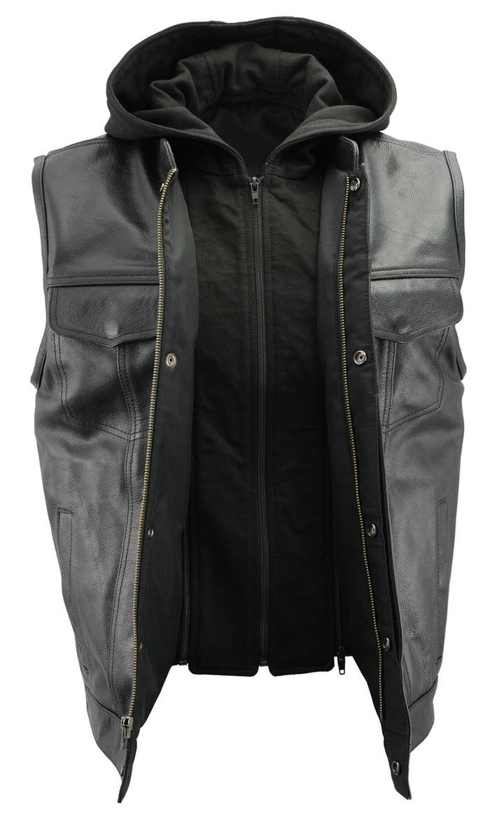 Men’s Premium Black Leather Club Style Motorcycle Riding Vest with Removable Bib Hoodie BZ6110