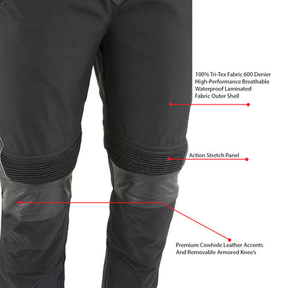 Xelement CF2131 Men’s ‘Road Racer’ Black Tri-Tex and Leather Motorcycle Racing Pants with X-Armor Protection