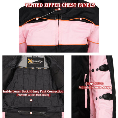 Xelement CF462 Women's 'Pinky' Black and Pink Tri-Tex Motorcycle Jacket with X-Armor Protection