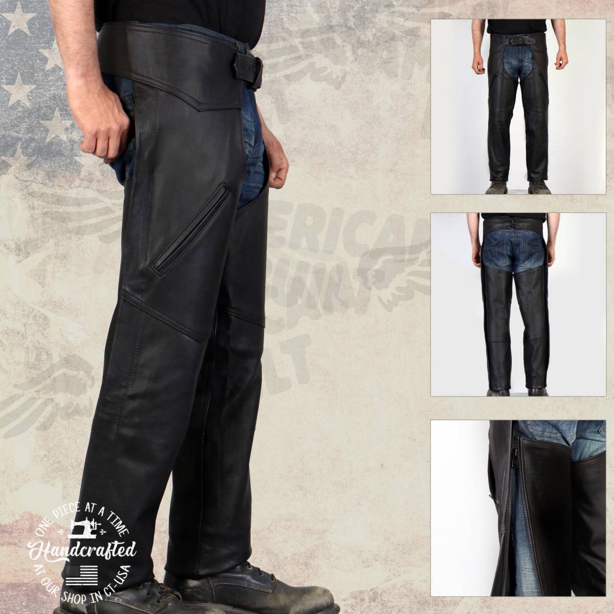 Milwaukee Leather USA MADE MLCHM5001 Men's Black 'Cloak' Classic Premium Leather Motorcycle Chaps