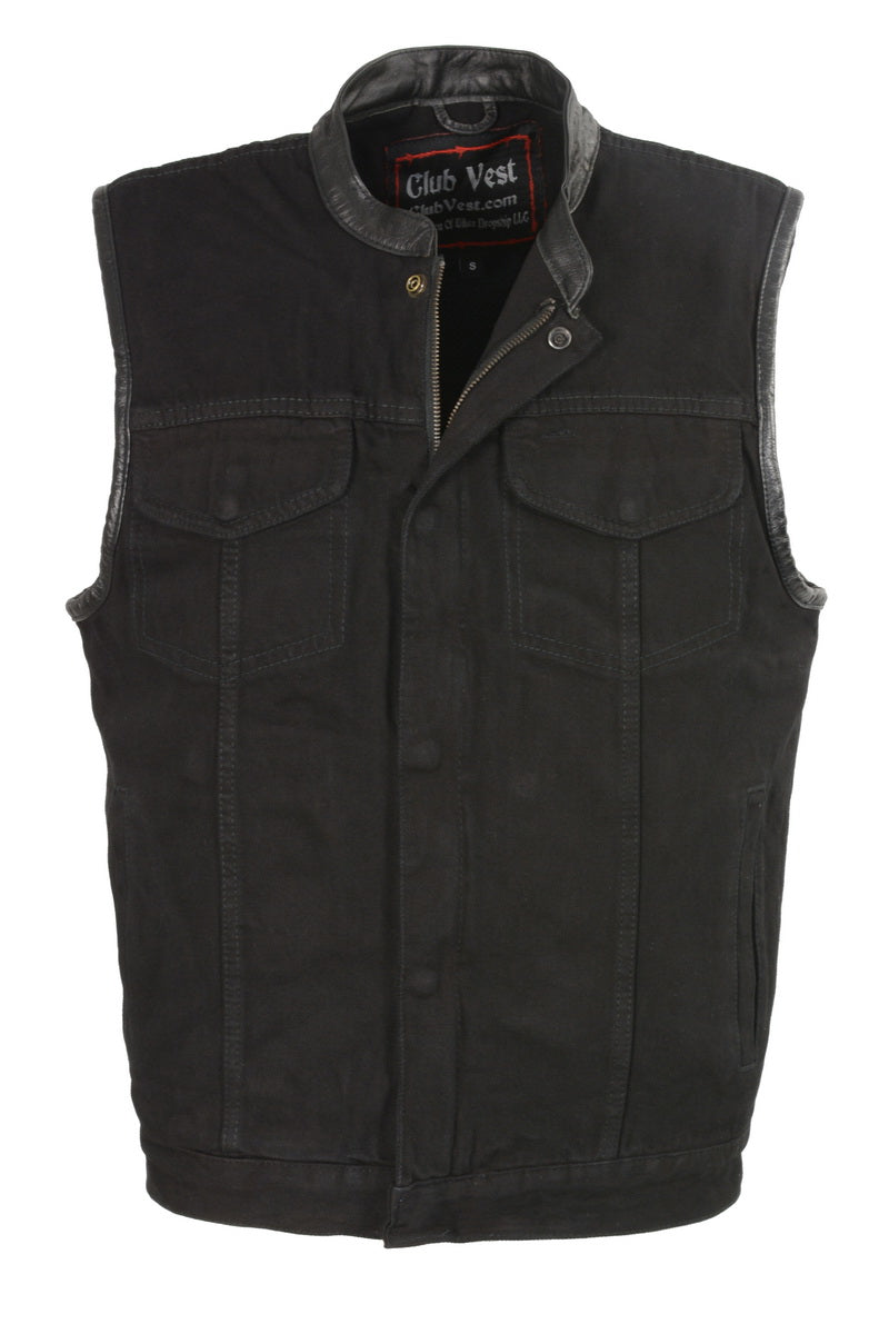 Club Vest CV3003LT Men's Black Motorcycle Denim Vest with Concealed Snaps and Hidden Zipper