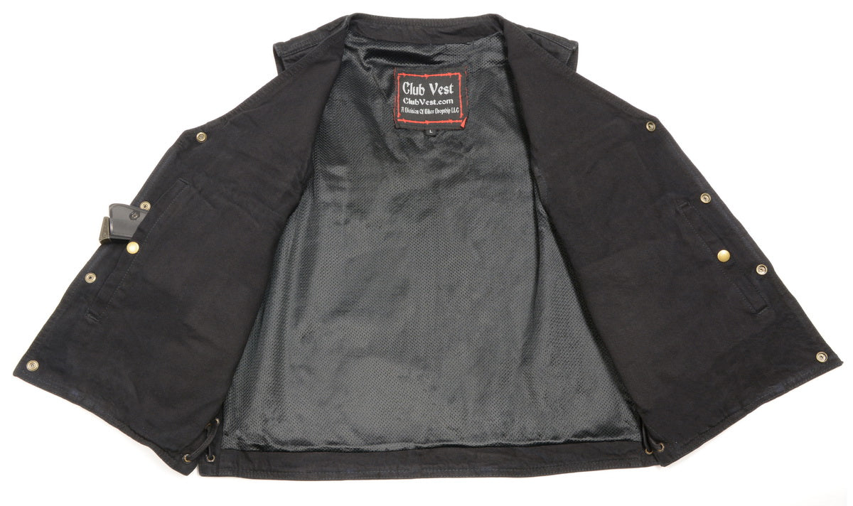 Club Vest CVM1360 Men's Classic Side Lace Black Denim Motorcycle Vest with Snap Buttons