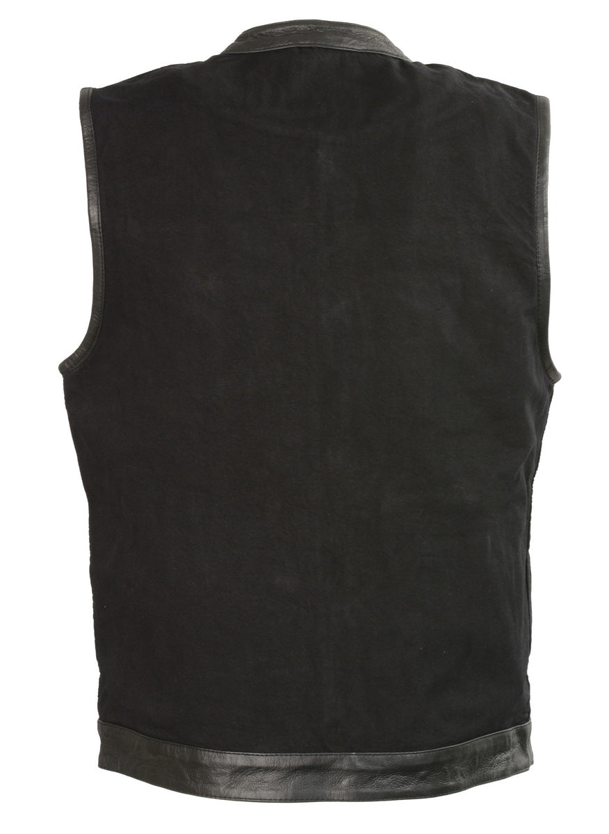 Club Vest CVM3010 Men's Black Denim Vest with Leather Trim Accents