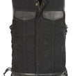 Club Vest CVM3011 Men's Side Lace Black Denim Vest with Leather Trim Accents