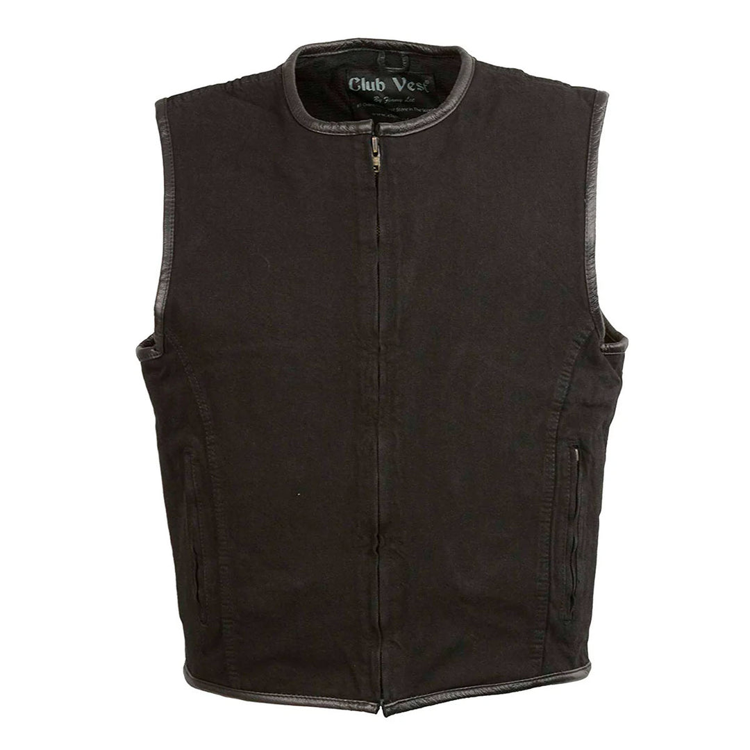 Club Vest CVM3038 Men's Black Denim Collarless Motorcycle Club Style Vest with Leather Trim