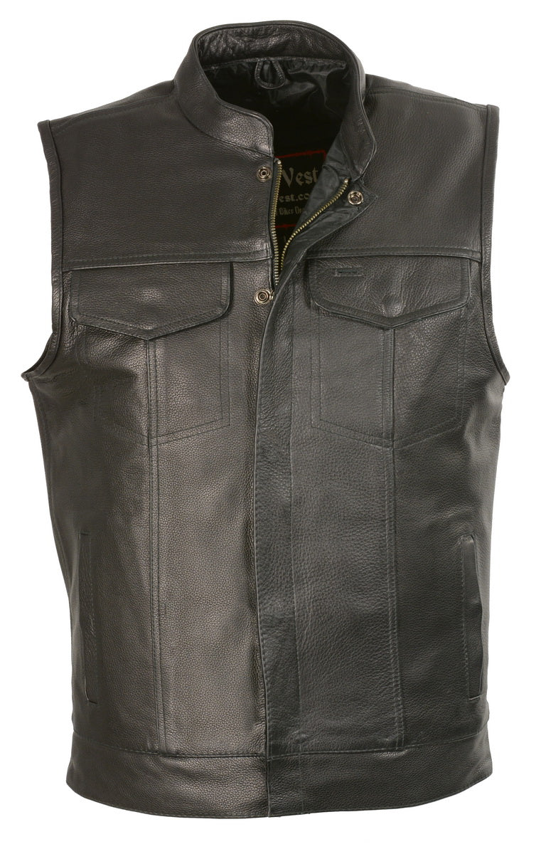 Club Vest CVM3510 Men’s Black Zipper Leather Vest with Seamless Back Design