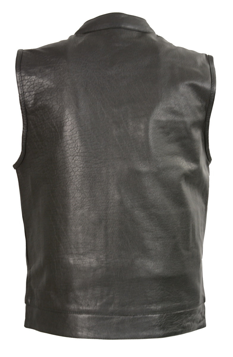 Club Vest CVM3710 Men’s Leather Black Open Neck Vest with Snap and Zip Front Closure