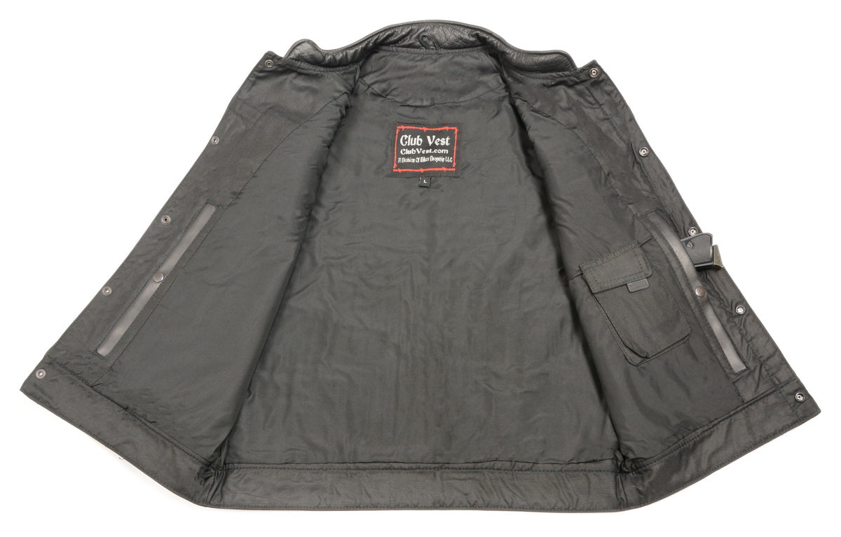 Club Vest CVM3710 Men’s Leather Black Open Neck Vest with Snap and Zip Front Closure