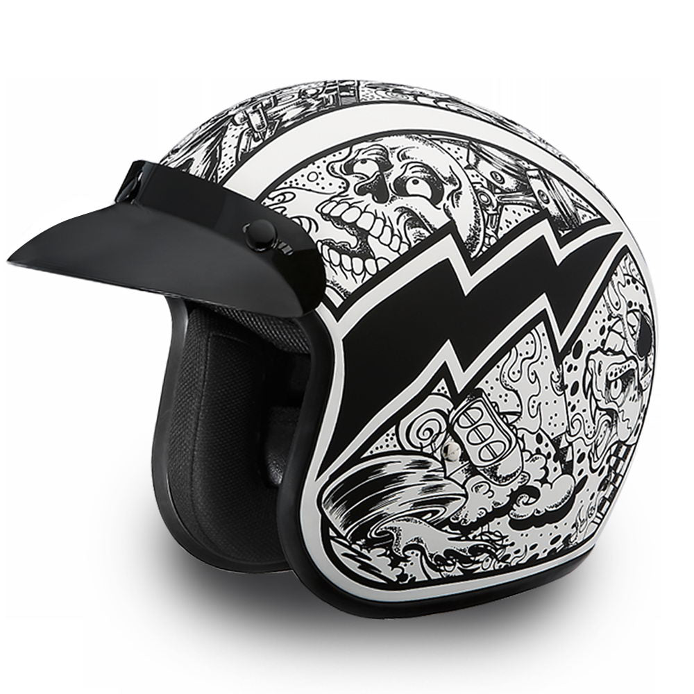 Close Out Clearance Daytona Helmets DC6-G ‘Cruiser’ Graffiti White and Black  ¾ Open Face Helmet