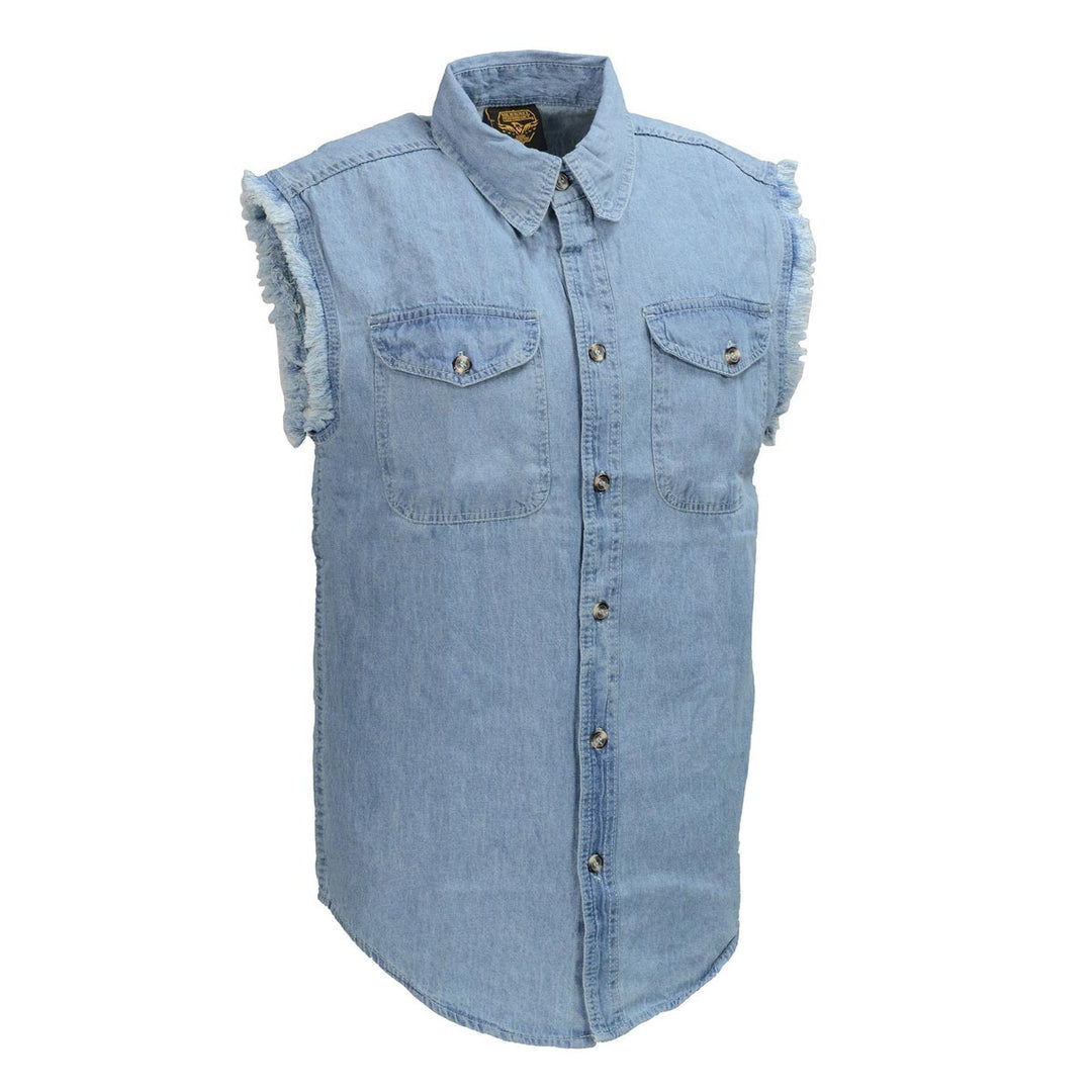 Milwaukee Leather DM1001 Men's Blue Lightweight Denim Shirt with Frayed Cut Off Sleeveless Look
