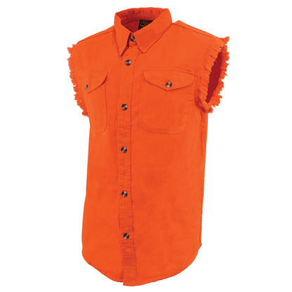 Milwaukee Leather DM1003 Men's Orange Lightweight Denim Shirt with Sleeveless Frayed Cut Off