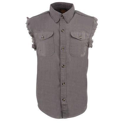 Milwaukee Leather DM4004 Men's Grey Lightweight Denim Shirt with Sleeveless Frayed Cut Off