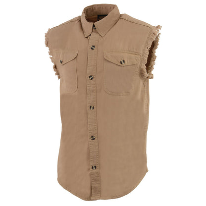 Milwaukee Leather DM4005 Men's Beige Lightweight Denim Shirt with Frayed Cut Off Sleeveless