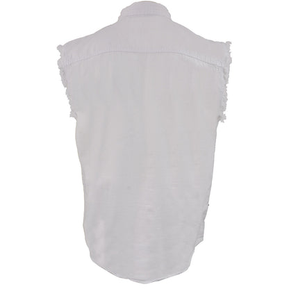 Milwaukee Leather DM4006 Men's White Denim Lightweight Shirt with Sleeveless Frayed Cut Off