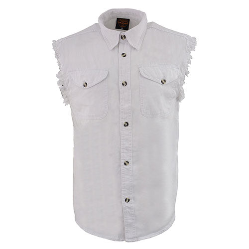 Milwaukee Leather DM4006 Men's White Denim Lightweight Shirt with Sleeveless Frayed Cut Off