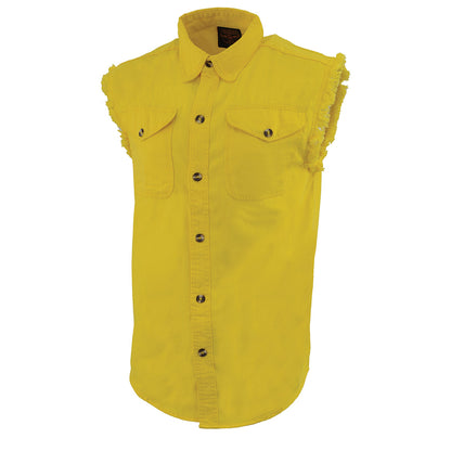 Milwaukee Leather DM4008 Men's Yellow Lightweight Denim Shirt with with Frayed Cut Off Sleeveless Look