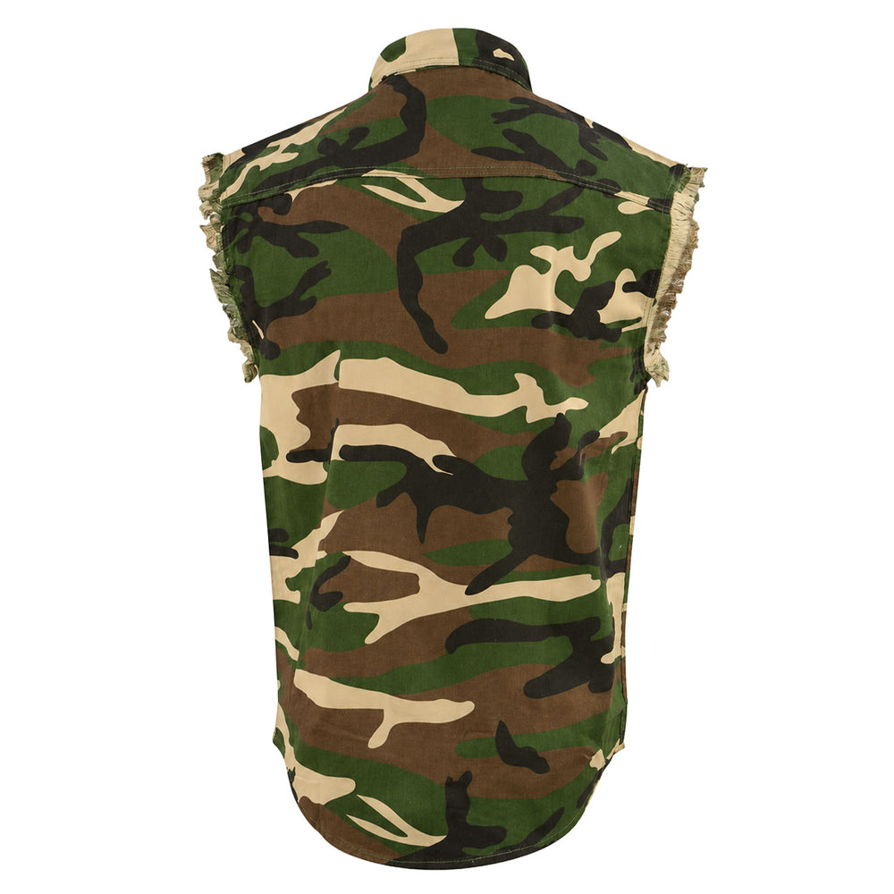 Milwaukee Leather DM4010 Men's Camo Lightweight Denim Shirt with Vintage and Frayed Sleeveless Look