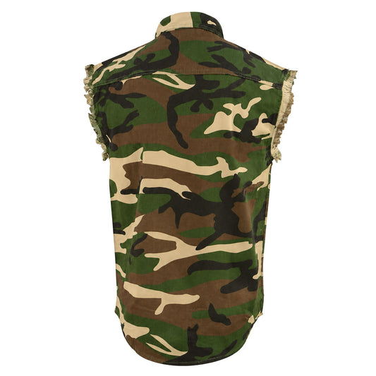 Milwaukee Leather DM4010 Men's Camo Lightweight Denim Shirt with Vintage and Frayed Sleeveless Look