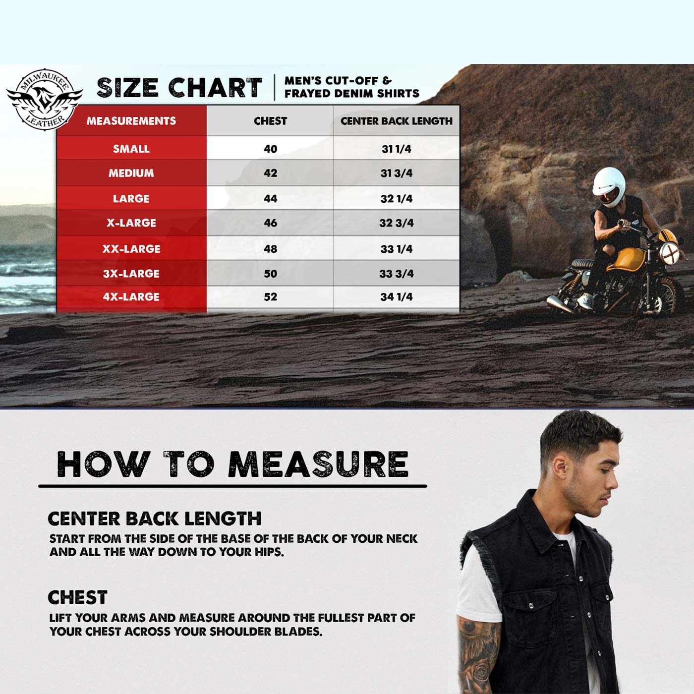 Milwaukee Leather DM1002 Men's Black Lightweight Denim Shirt with Frayed Cut Off Sleeveless