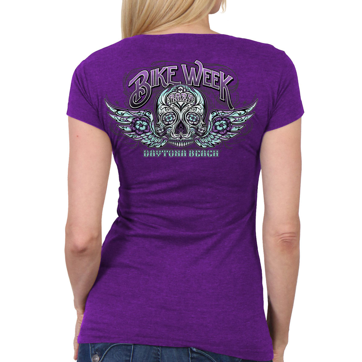 Hot Leathers EDL1061 Women's 2023 Daytona Beach Antique Sugar Skull Purple T-Shirt