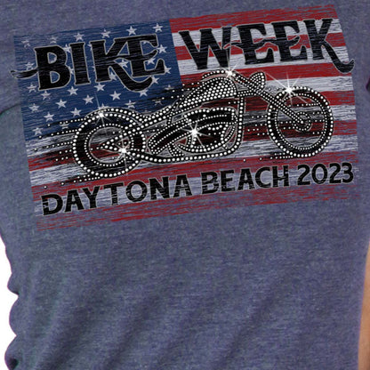 Hot Leathers EDL1064 Women's 2023 Daytona Bike Week Bling Bike Heather Blue T-Shirt