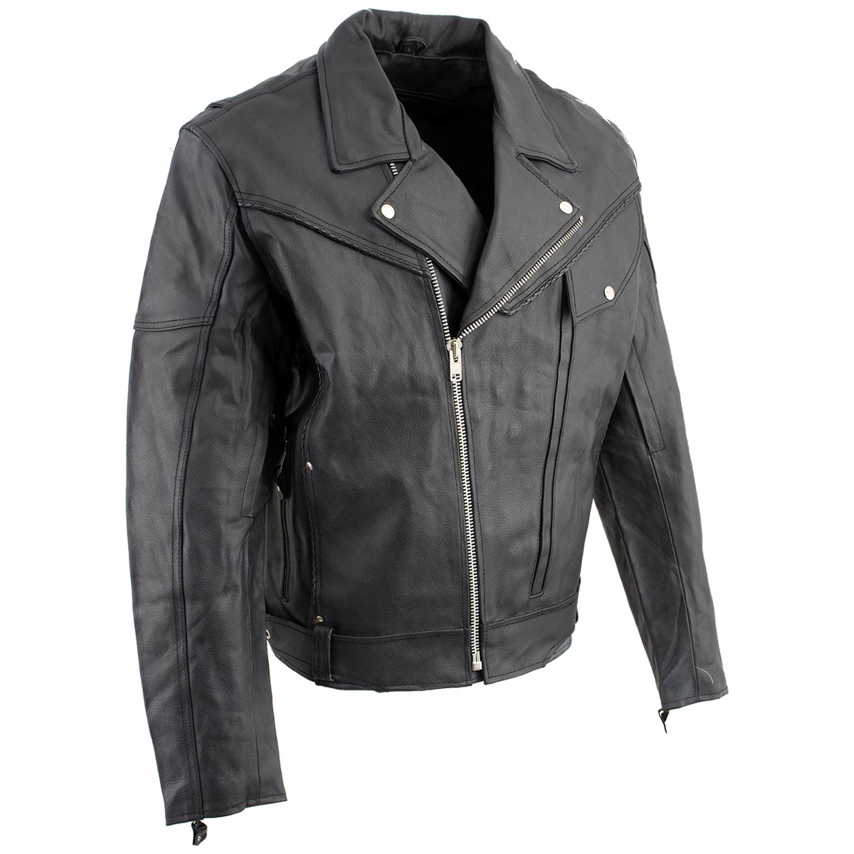 Genuine Leather EL1055 Men's Black Classic Vented ‘Braided’ Moto Jacket with Utility Pocket