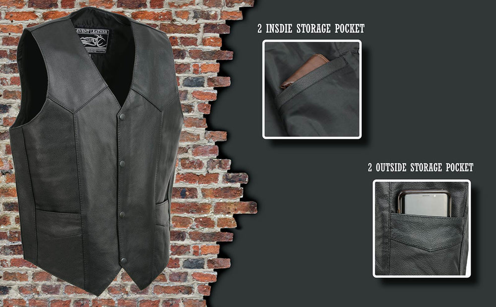 Event Leather EL1310GO Men's Classic Western Style Snap Button Black Motorcycle Riders Leather Vest