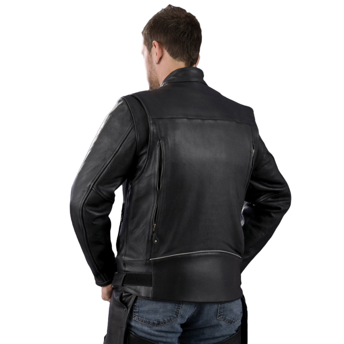 Genuine Leather EL1409 Men's Black Leather Vented Mandarin Collar Racer Jacket