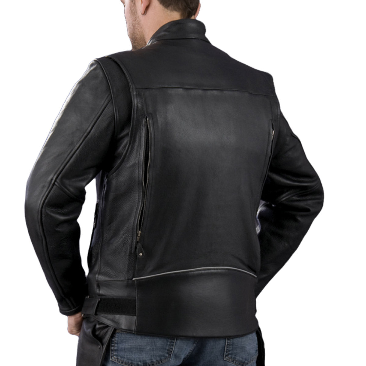 Genuine Leather EL1409 Men's Black Leather Vented Mandarin Collar