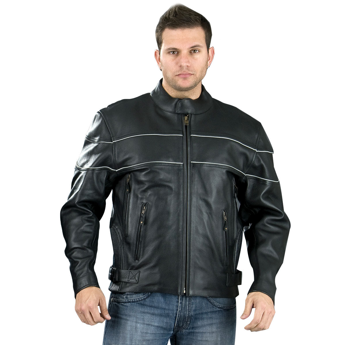 Genuine Leather EL2121 Men's Black Side Stretch Jacket with Reflective Piping