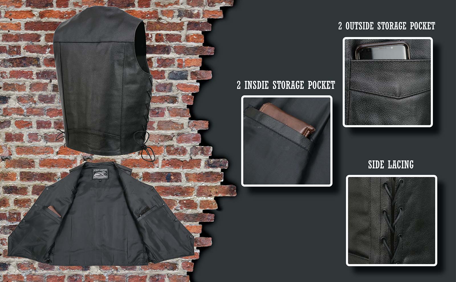 Event Leather EL5315 Men's Black Motorcycle Riders Leather Vest