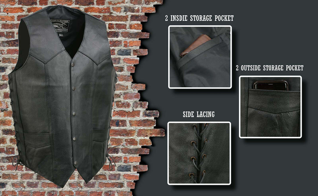 Event Leather EL5315TALL Black Motorcycle Leather Vest for Men&