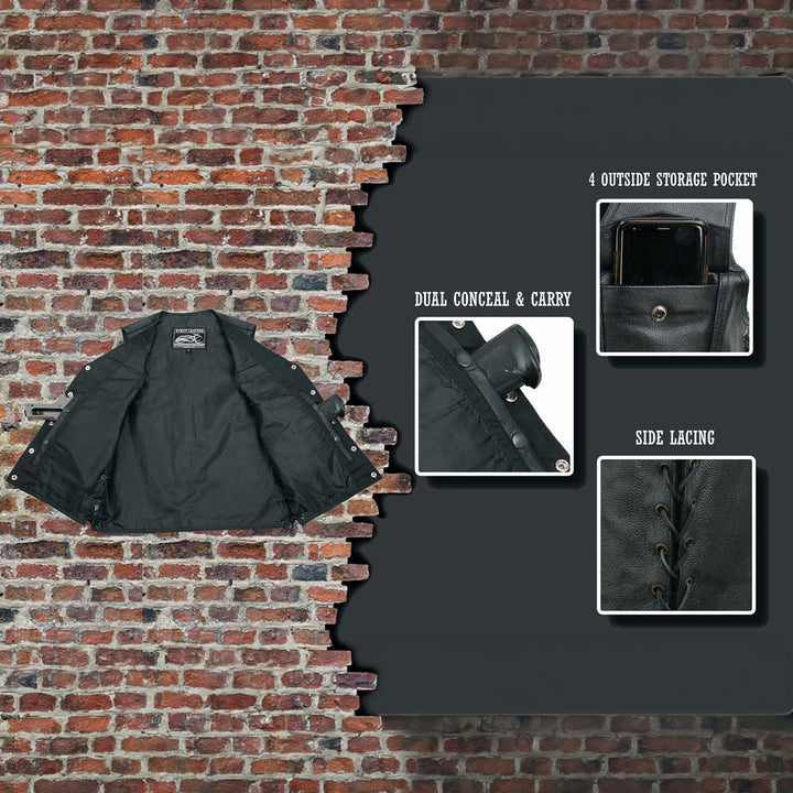 Event Leather EL5360TALL Black Motorcycle Leather Vest Tall Sizes with Denim Style Pockets -Riding Club Adult Vests