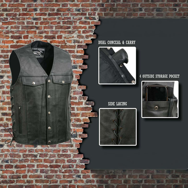 Event Leather EL5360TALL Black Motorcycle Leather Vest Tall Sizes with Denim Style Pockets -Riding Club Adult Vests