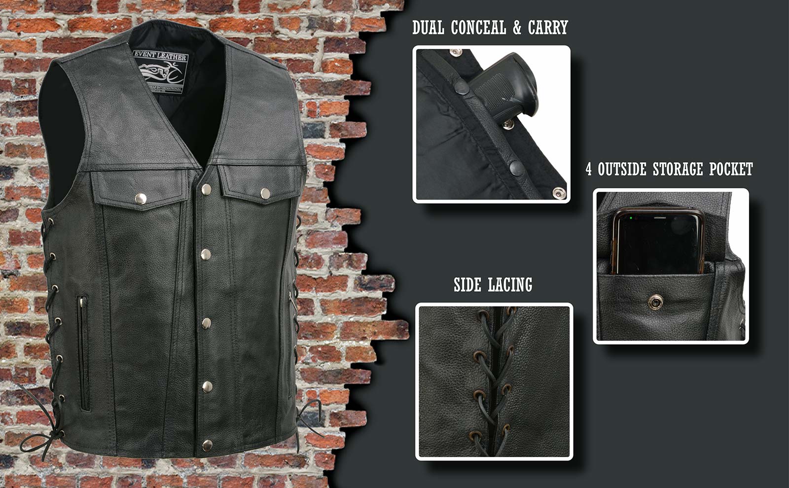 Event Leather EL5360 Men's Black Leather Vest with Denim Style