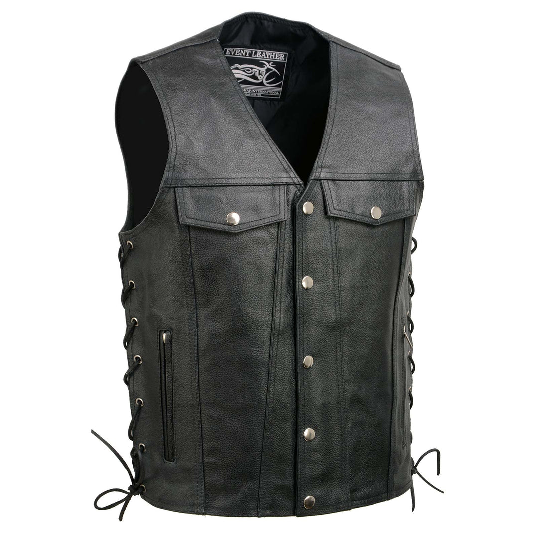 Event Leather EL5360 Men's Black Leather Vest with Denim Style Pockets and Side Lace Black / Medium Event Leather EL5360 Men's Black Leather Vest with Denim Style Pockets and Side Lace Black / Medium