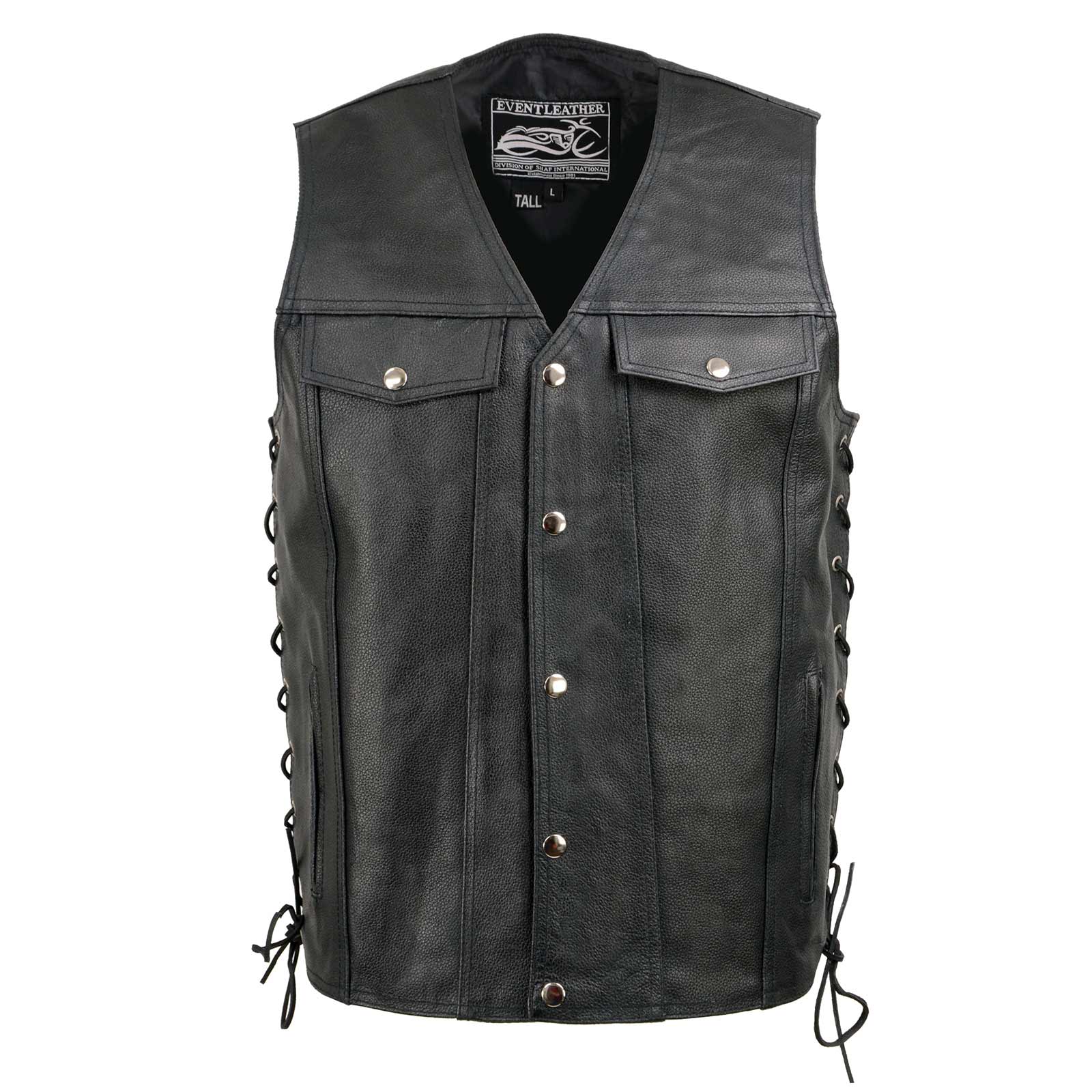 Event Leather EL5360TALL Black Motorcycle Leather Vest Tall Sizes with Denim Style Pockets -Riding Club Adult Vests