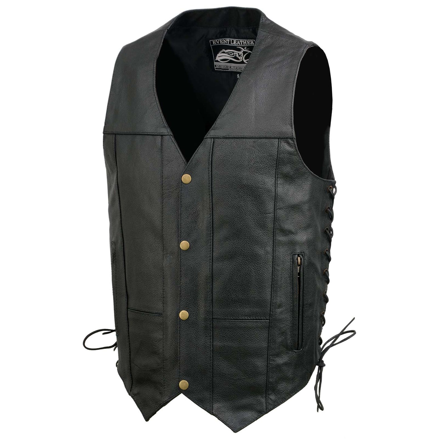 Event Leather EL5391 Black Motorcycle Leather Vest for Men w/ 10 Pockets- Riding Club Adult Motorcycle Vests