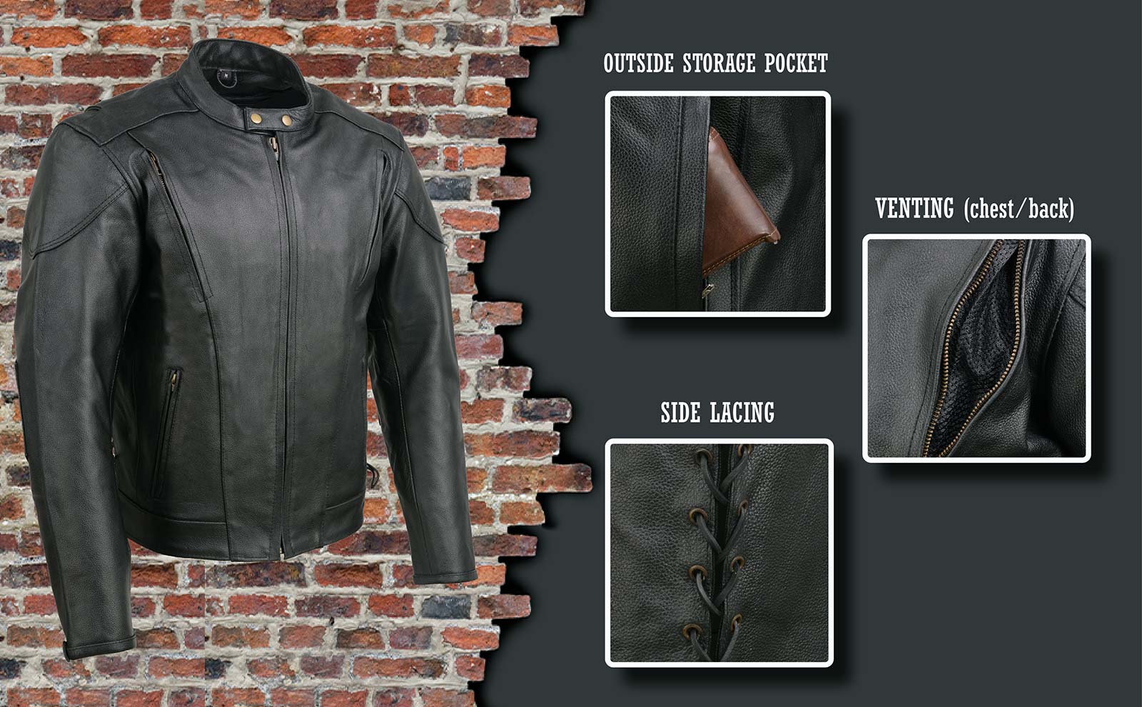 Event Leather EL5410 Men's Black Side Lace Scooter Jacket with