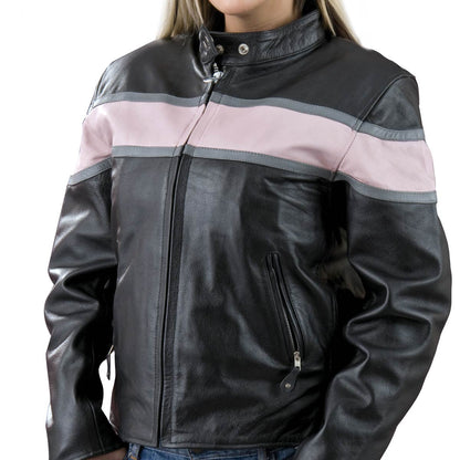 Genuine Leather EL7111 Ladies Black and Pink Racer Style Leather Jacket