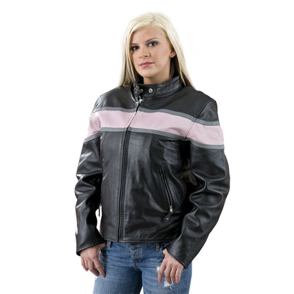 Genuine Leather EL7111 Ladies Black and Pink Racer Style Leather Jacket